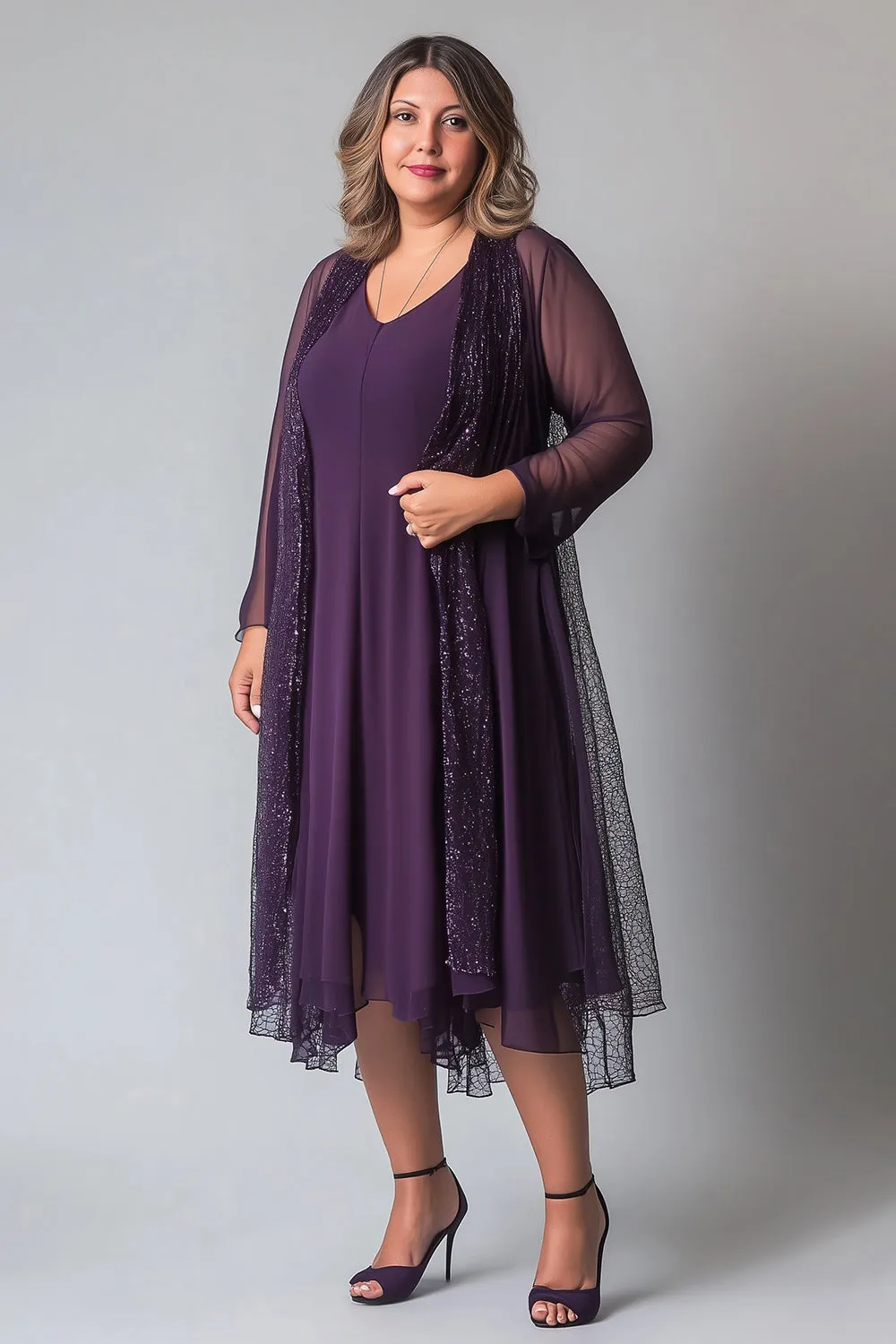 Sparkly Purple Chiffon A Line V Neck Long Sleeves Mother of The Bride Dress sold by Zapaka