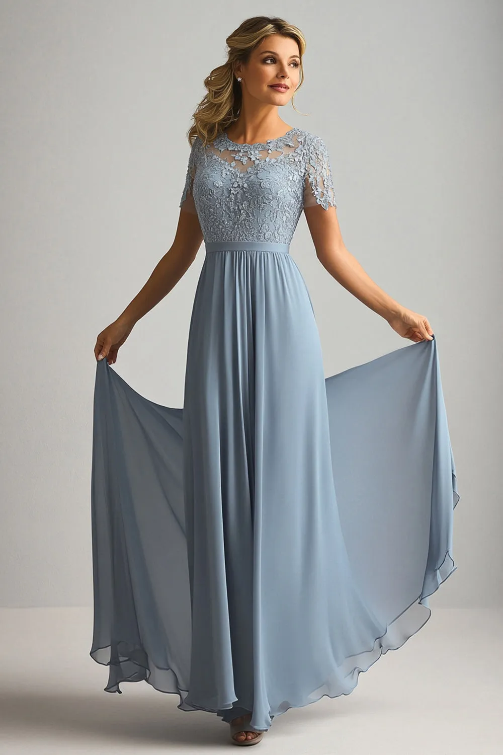 Lace A Line Dusty Blue Chiffon Round Neck Short Sleeves Mother of The Bride Dress sold by Zapaka product image thumbnail 3