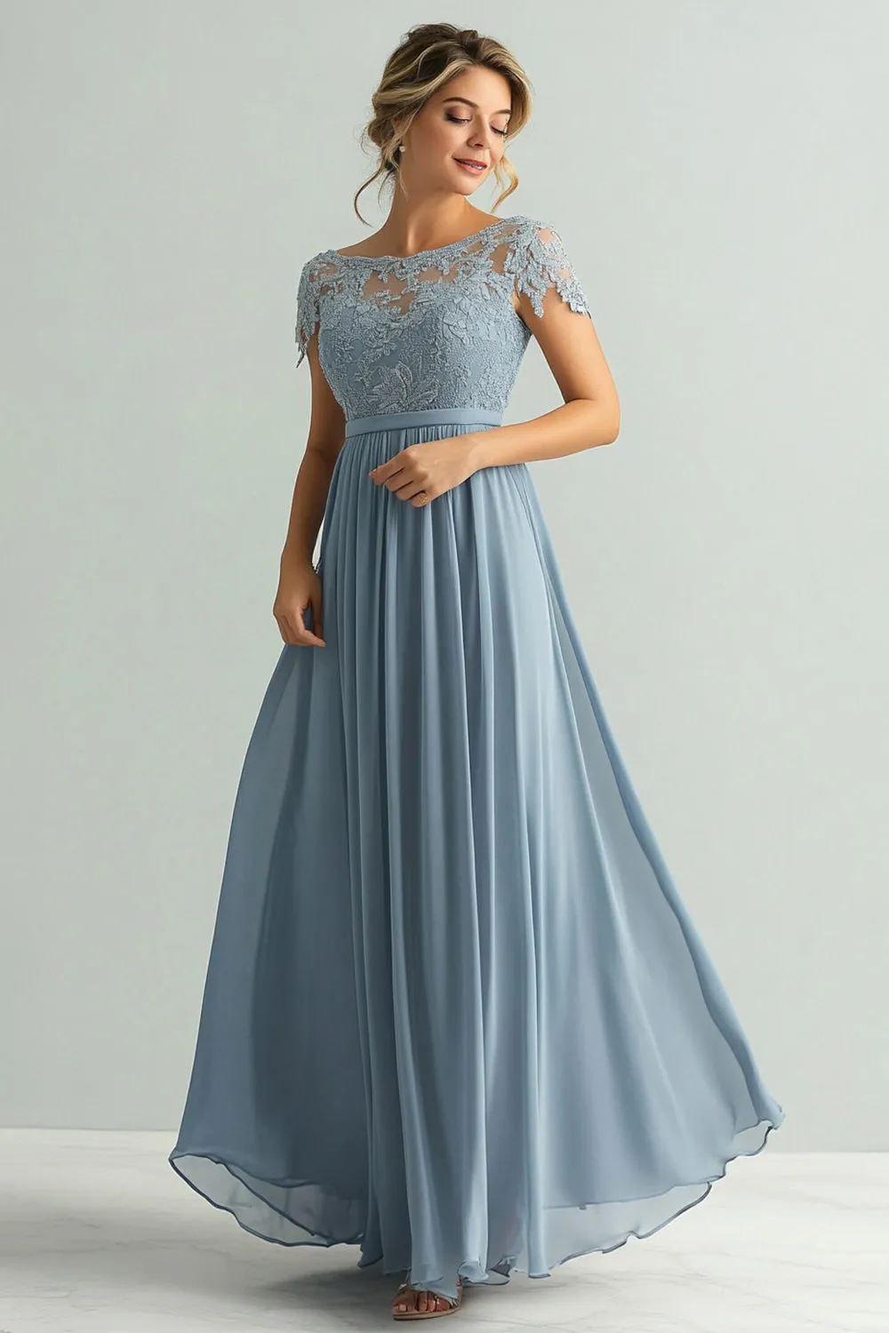 Lace A Line Dusty Blue Chiffon Round Neck Short Sleeves Mother of The Bride Dress sold by Zapaka