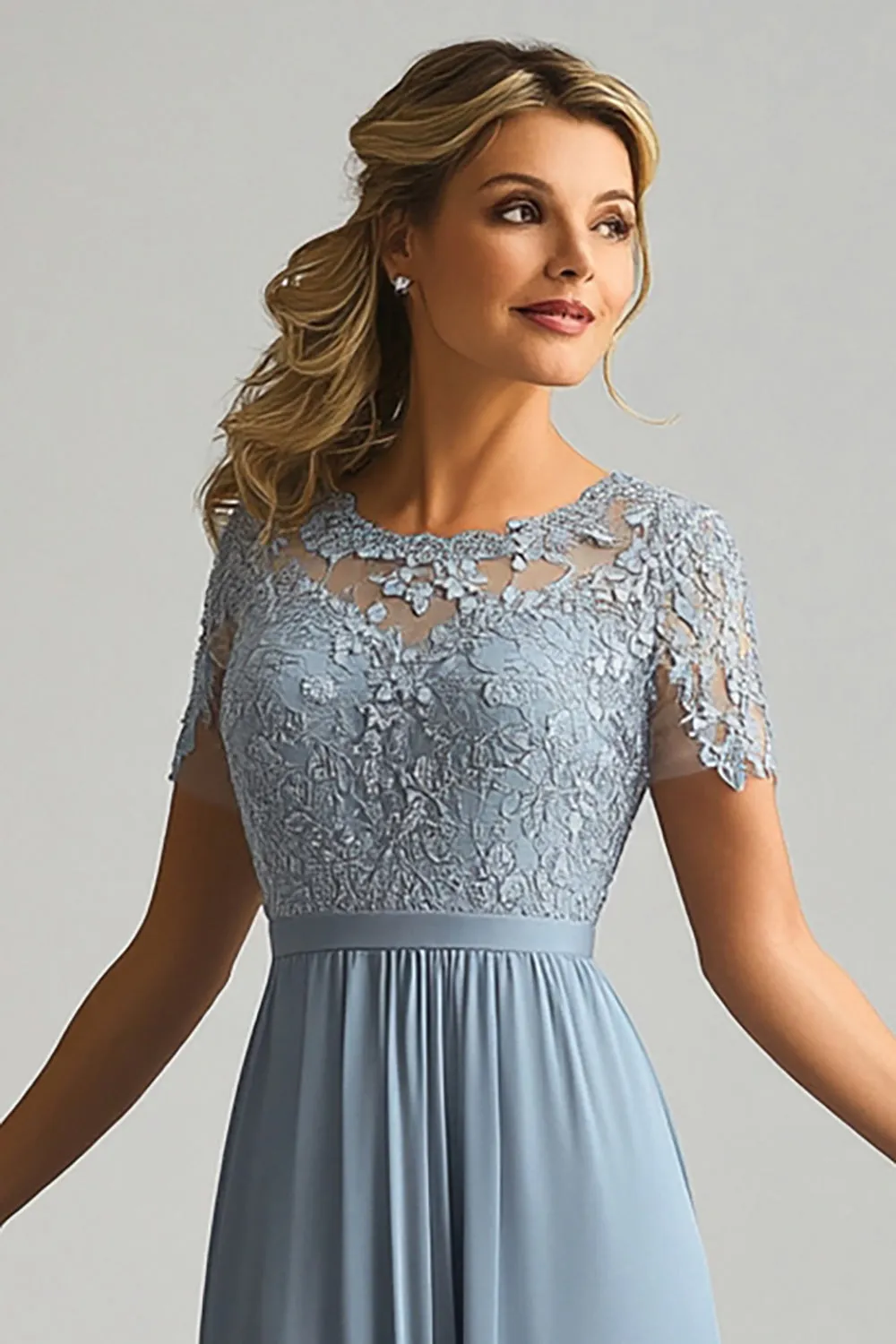 Lace A Line Dusty Blue Chiffon Round Neck Short Sleeves Mother of The Bride Dress sold by Zapaka product image thumbnail 2