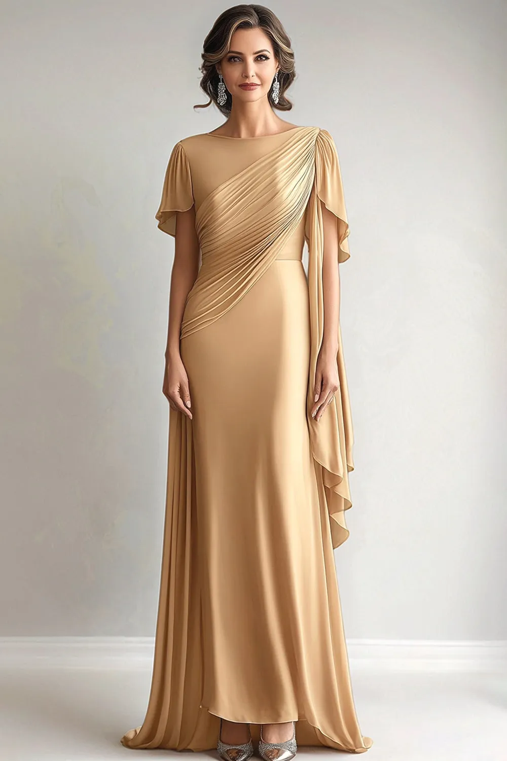 Elegant Golden Ruched Mother of the Bride Dress with Short Sleeves sold by Zapaka