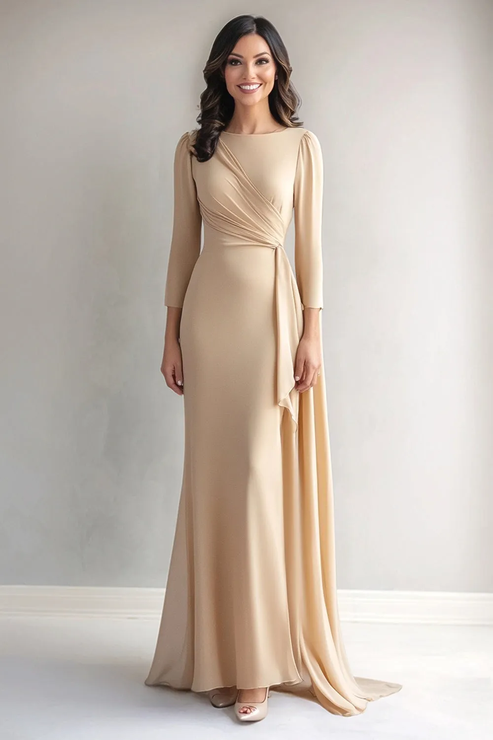 Champagne Long Sleeve Ruched Mother of the Bride Dress sold by Zapaka