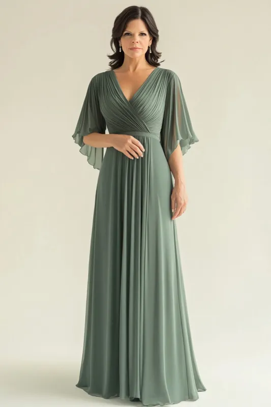 Agave Chiffon Pleated Flare Sleeves V Neck Mother of The Bride Dress sold by Zapaka