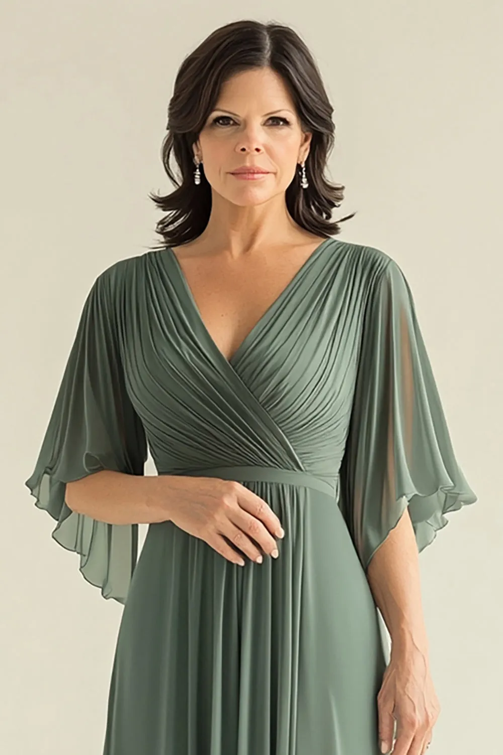Agave Chiffon Pleated Flare Sleeves V Neck Mother of The Bride Dress sold by Zapaka product image thumbnail 3