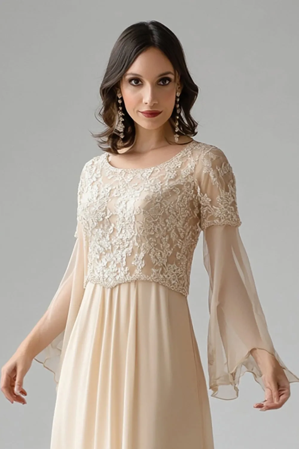 Apricot Lace Flare Sleeves Chiffon Scoop Neck Mother of The Bride Dress sold by Zapaka product image thumbnail 2