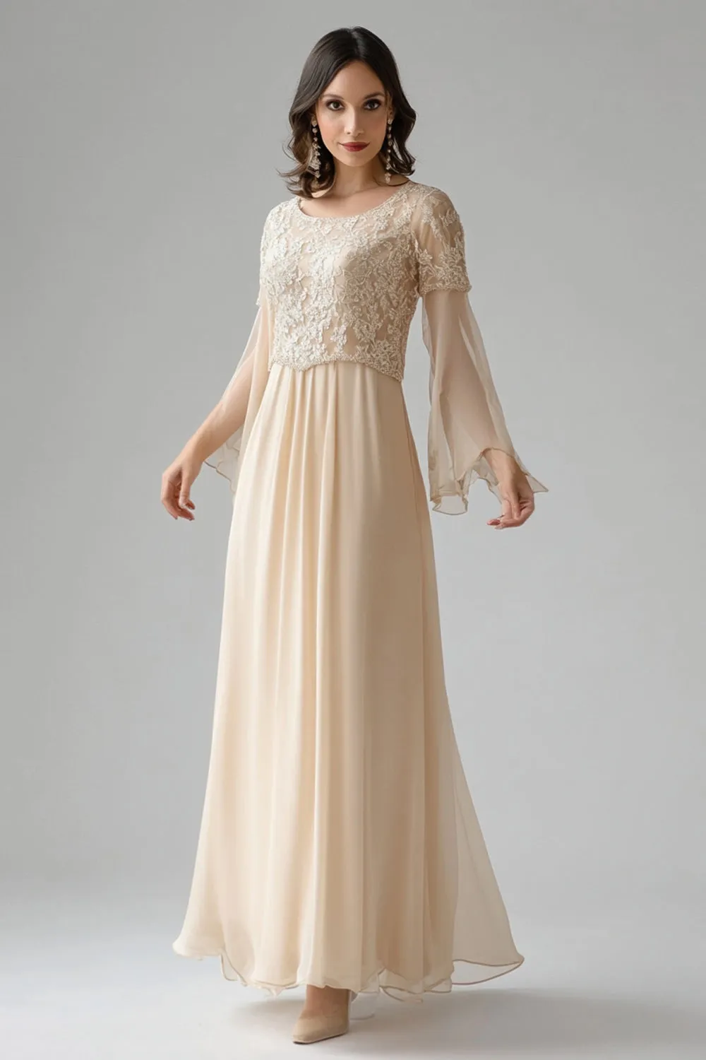 Apricot Lace Flare Sleeves Chiffon Scoop Neck Mother of The Bride Dress sold by Zapaka