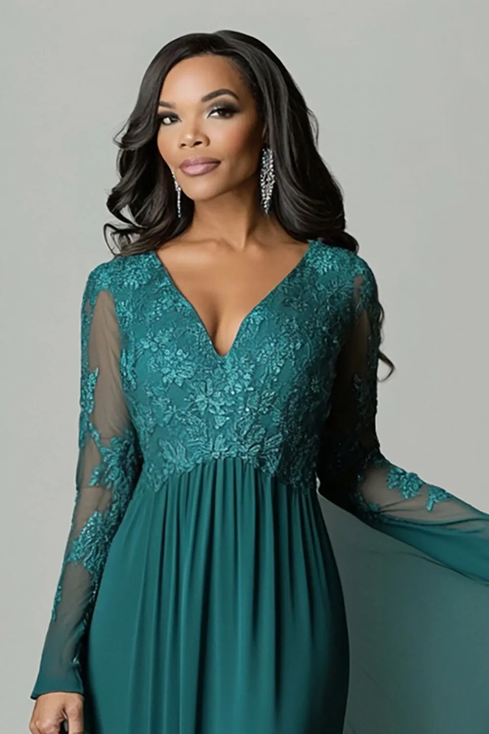 Dark Green Appliques Flare Sleeves V Neck Pleated Sheath Mother of The Bride Dress sold by Zapaka product image thumbnail 2