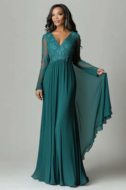Dark Green Appliques Flare Sleeves V Neck Pleated Sheath Mother of The Bride Dress sold by Zapaka