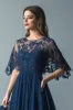 Lace Navy Scoop Neck Ruched A Line Flare Sleeves Mother of The Bride Dress sold by Zapaka