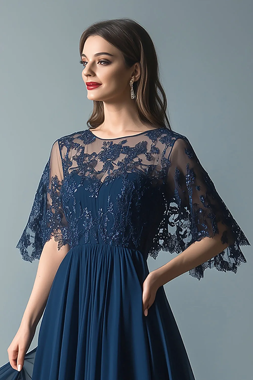 Lace Navy Scoop Neck Ruched A Line Flare Sleeves Mother of The Bride Dress sold by Zapaka product image thumbnail 2