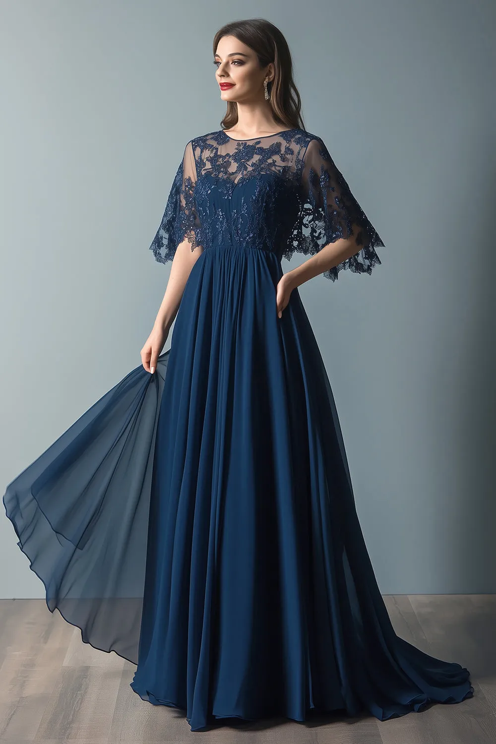Lace Navy Scoop Neck Ruched A Line Flare Sleeves Mother of The Bride Dress sold by Zapaka