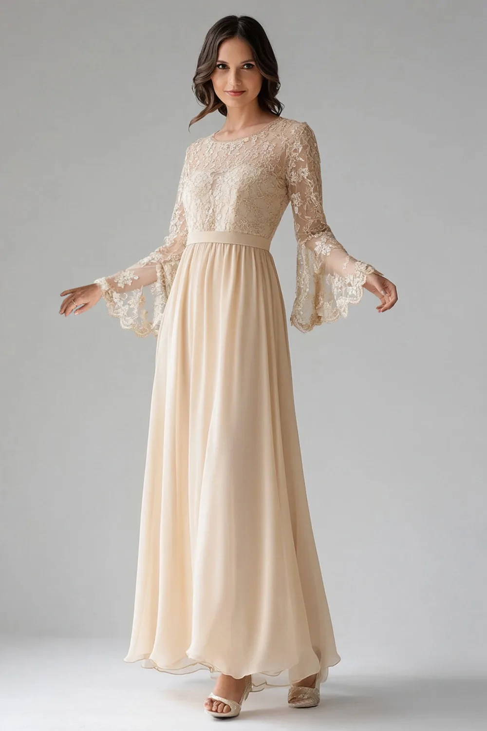 Apricot Chiffon Scoop Neck Flare Sleeves A Line Lace Mother of The Bride Dress sold by Zapaka