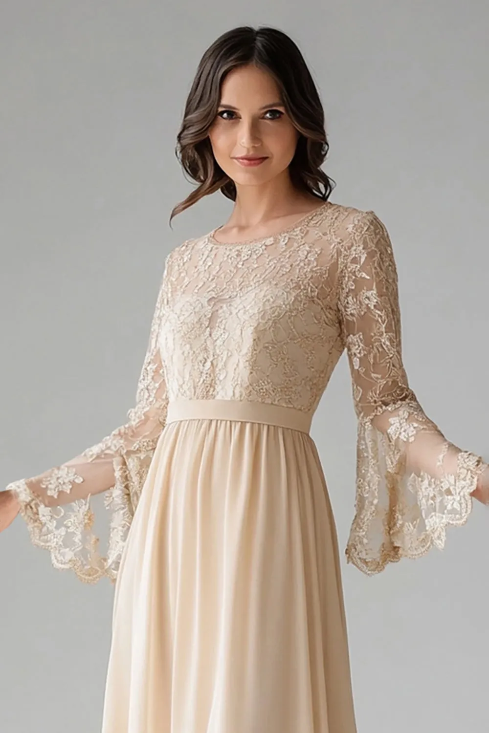 Apricot Chiffon Scoop Neck Flare Sleeves A Line Lace Mother of The Bride Dress sold by Zapaka product image thumbnail 2