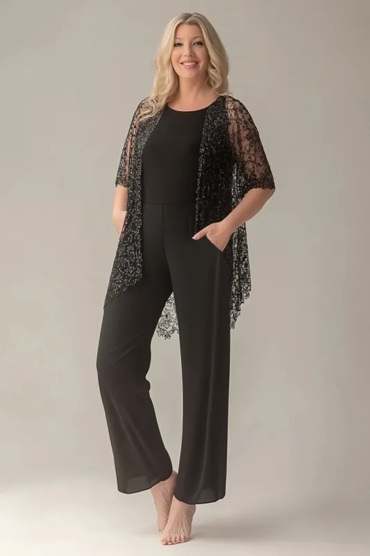 Black Jumpsuit Lace Square Neck Sleeveless Mother of Bride Pant Suits sold by Zapaka