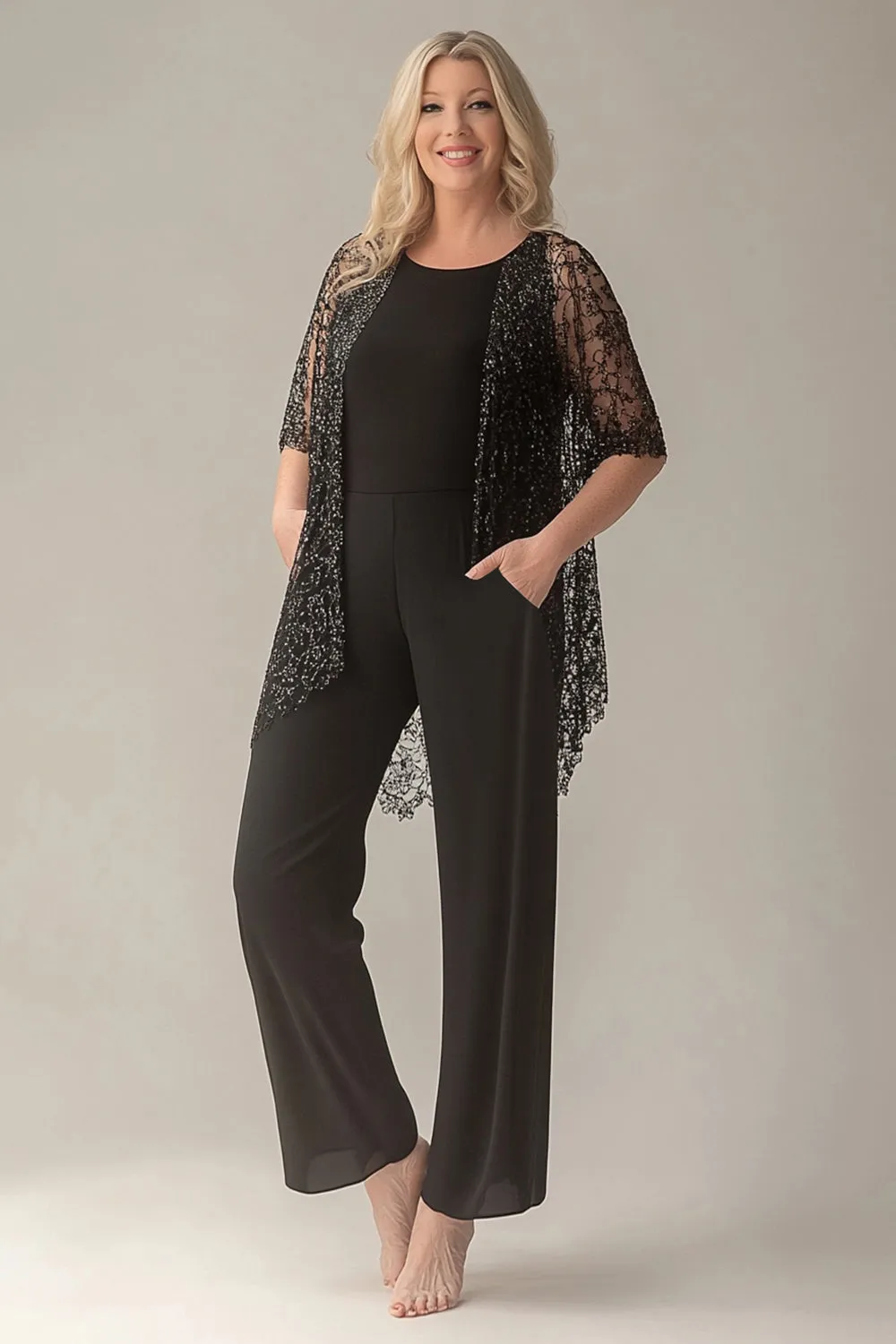 Black Jumpsuit Lace Square Neck Sleeveless Mother of Bride Pant Suits sold by Zapaka