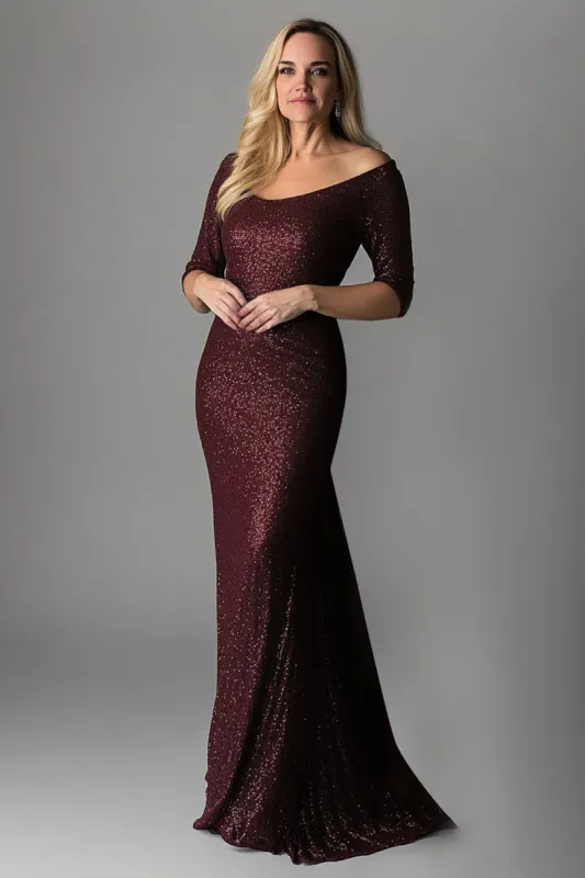 Sparkly Burgundy Tight Boat Neck Scarf Sleeves Mother of The Bride Dress sold by Zapaka