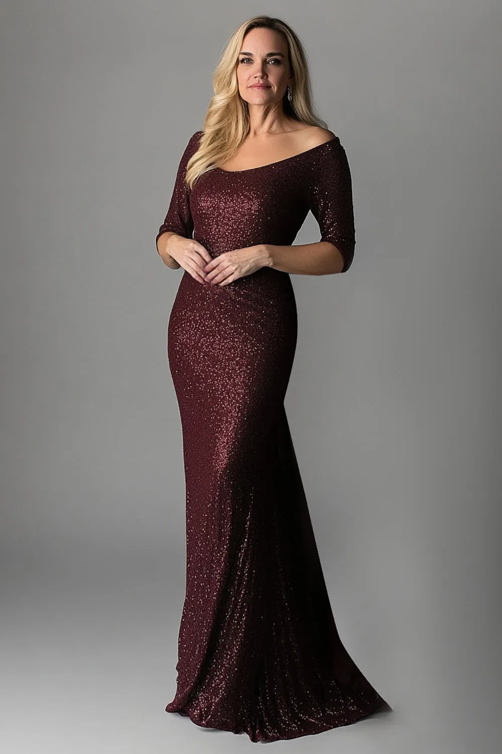 Sparkly Burgundy Tight Boat Neck Scarf Sleeves Mother of The Bride Dress sold by Zapaka