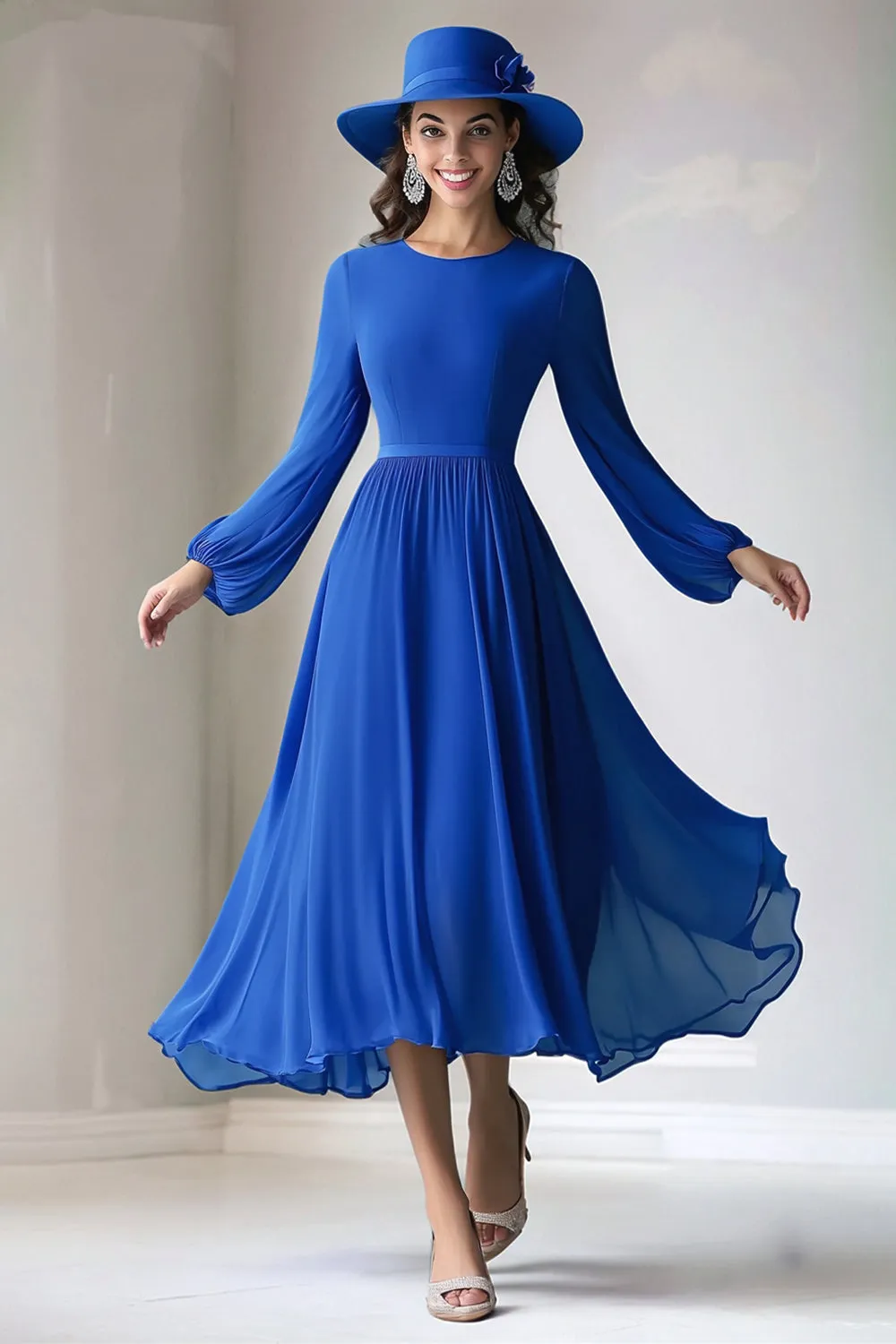 Royal Blue A Line Long Sleeve Round Neck Mother of the Bride Dress sold by Zapaka