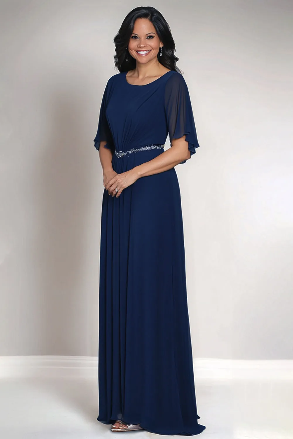 Navy Round Neck Chiffon Mother of the Bride Dress with Short Sleeves sold by Zapaka