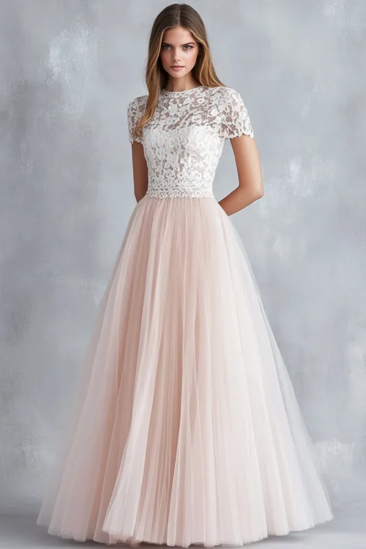 Light Pink A Line Lace Tulle Bridesmaid Dress With Short Sleeves sold by Zapaka