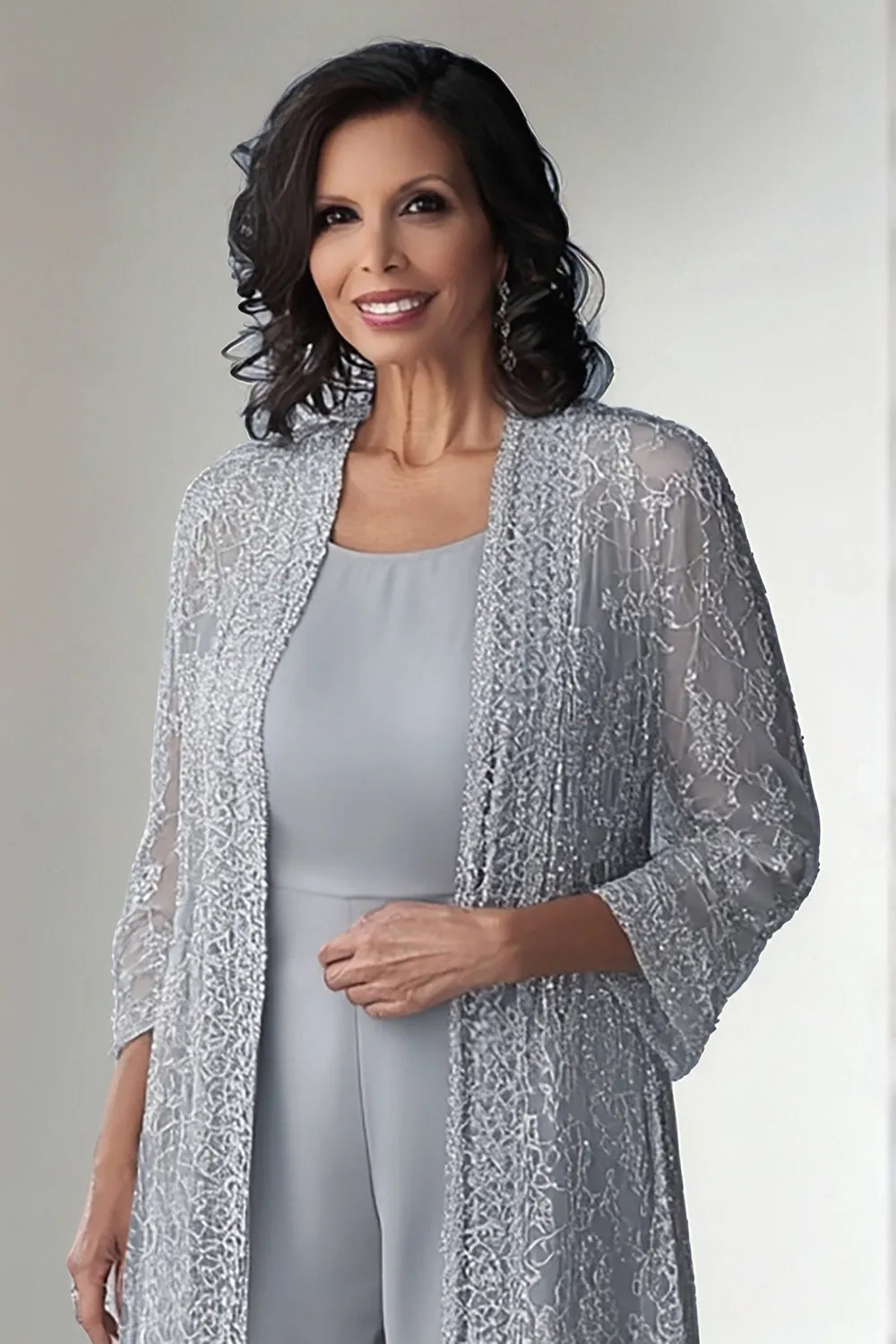 Light Grey 2 Piece Lace Mother of Bride Pant Suits sold by Zapaka product image thumbnail 4
