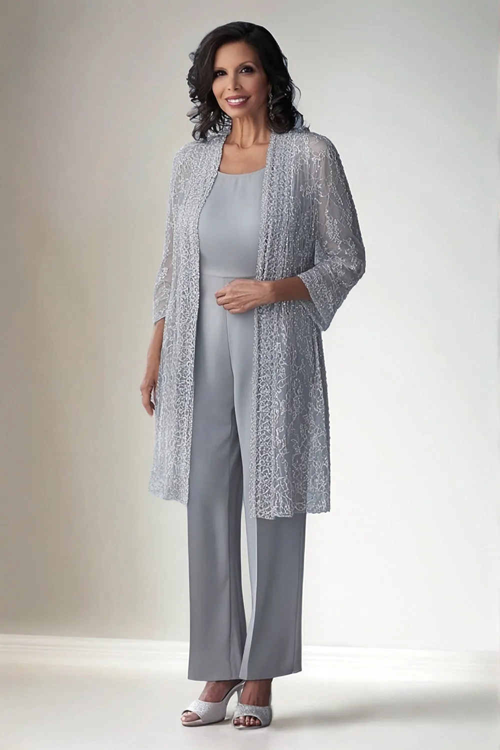 Light Grey 2 Piece Lace Mother of Bride Pant Suits sold by Zapaka product image thumbnail 2