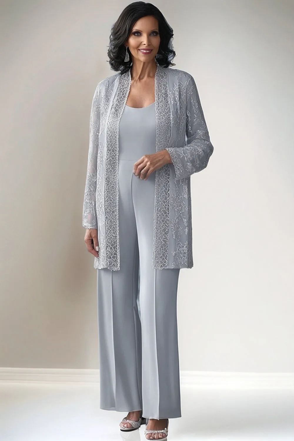 Light Grey 2 Piece Lace Mother of Bride Pant Suits sold by Zapaka