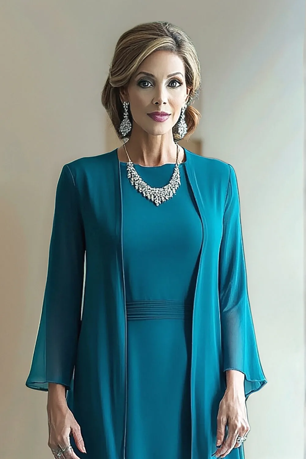 Peacock Blue 2 Piece Round Neck A Line Mother of The Bride Dress sold by Zapaka product image thumbnail 2