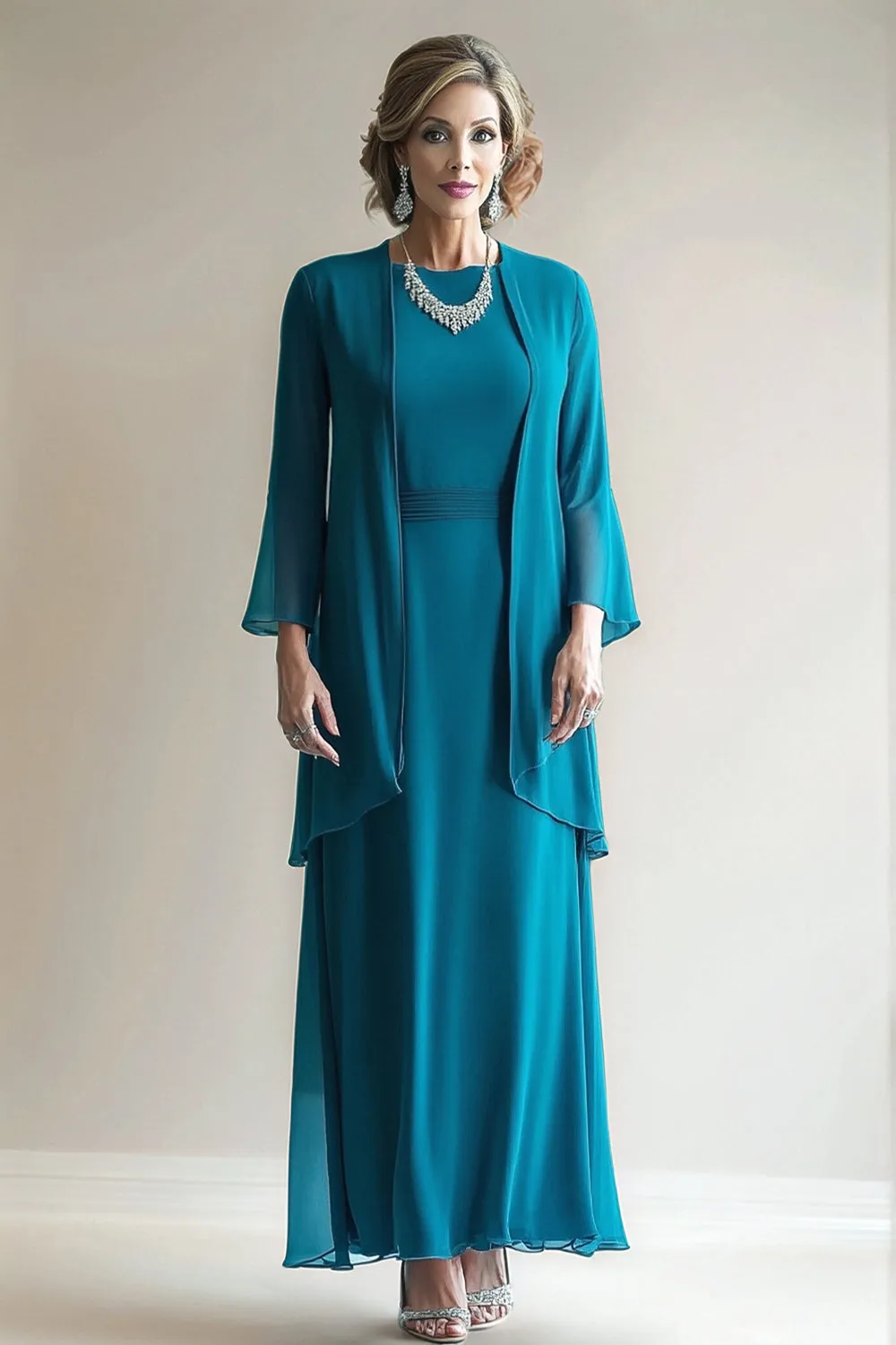 Peacock Blue 2 Piece Round Neck A Line Mother of The Bride Dress sold by Zapaka