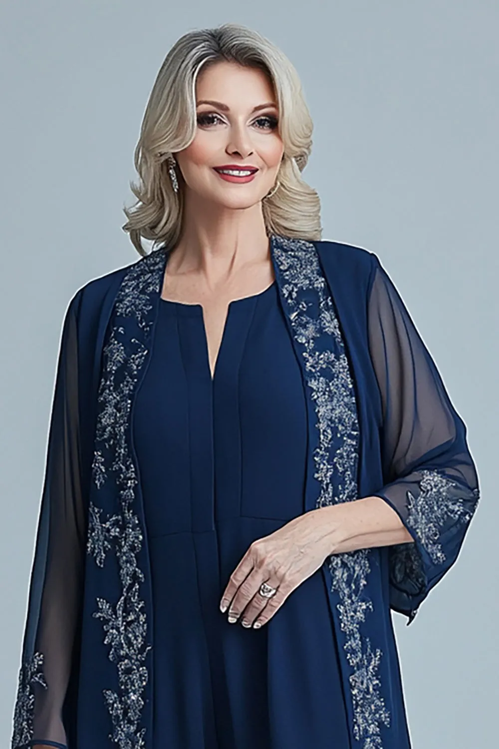 Jumpsuit Navy Appliques Chiffon Long Sleeves Square Neck Mother of the Bride Sets sold by Zapaka product image thumbnail 2