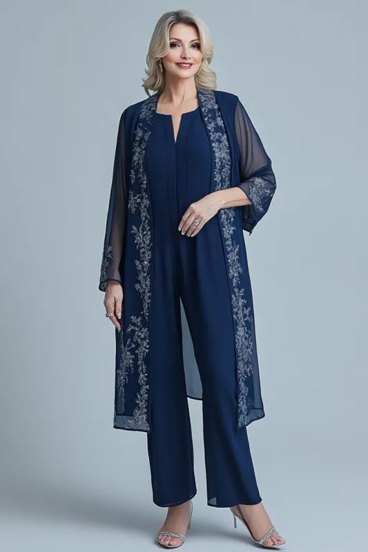 Jumpsuit Navy Appliques Chiffon Long Sleeves Square Neck Mother of the Bride Sets sold by Zapaka