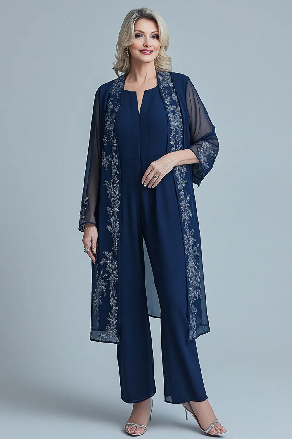 Jumpsuit Navy Appliques Chiffon Long Sleeves Square Neck Mother of the Bride Sets sold by Zapaka