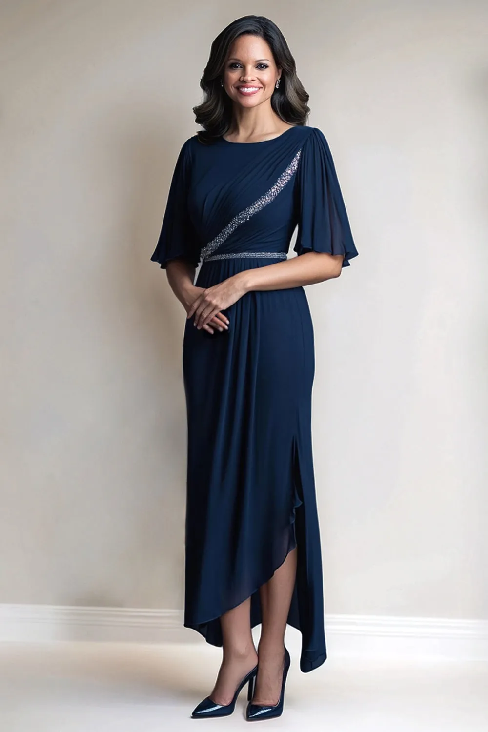 Navy Chiffon Sheath Bell Sleeve Mother of the Bride Dress sold by Zapaka