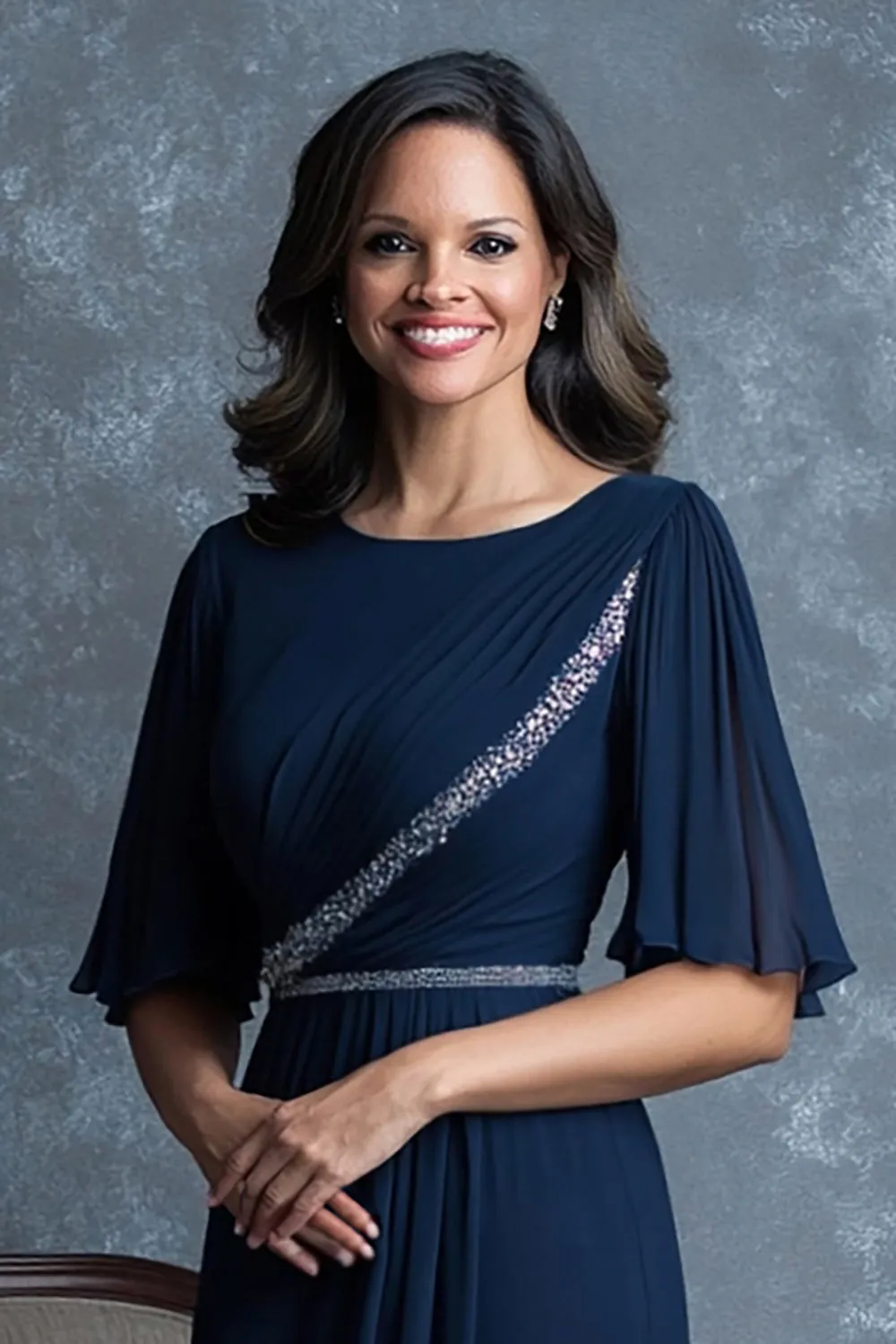 Navy Chiffon Sheath Bell Sleeve Mother of the Bride Dress sold by Zapaka product image thumbnail 2