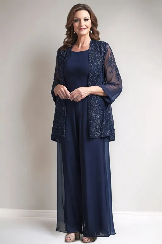 Navy Round Neck Sequin 2 Piece Mother Pant Suits with Appliques sold by Zapaka