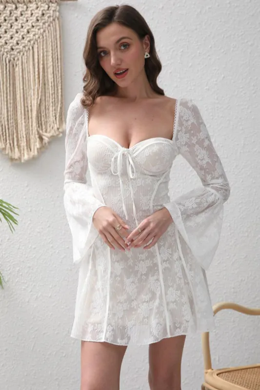 Long Sleeves Bodycon Square Neck Lace Little White Dress sold by Zapaka
