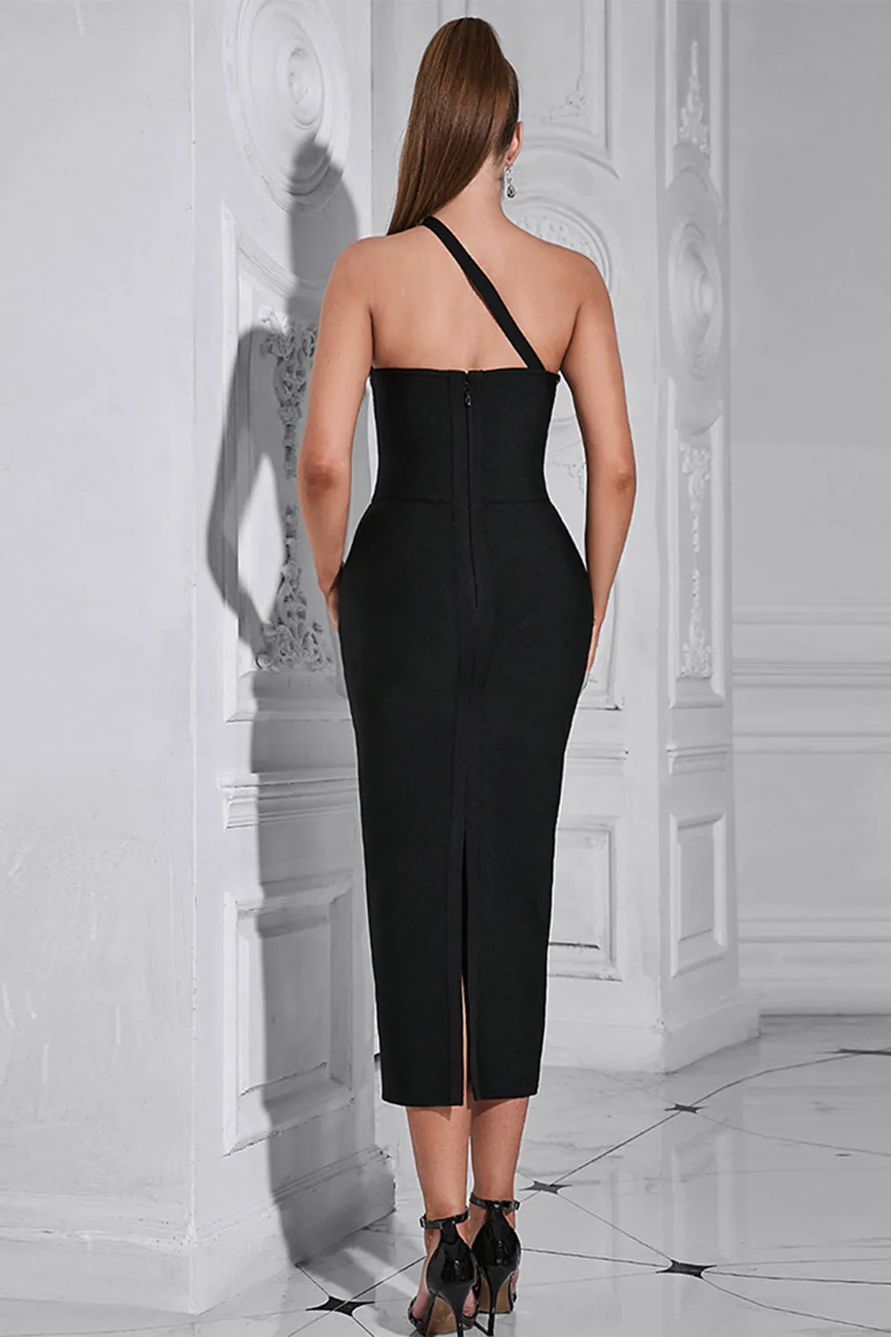 Black One Shoulder Bodycon Long Party Dress sold by Zapaka product image thumbnail 2
