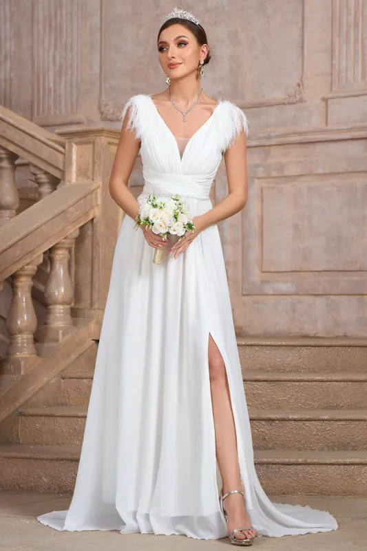 A Line White V Neck Long Party Dress With Slit sold by Zapaka
