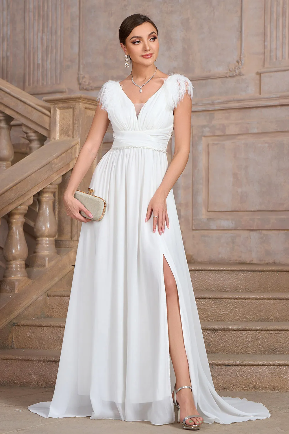 A Line White V Neck Long Party Dress With Slit sold by Zapaka product image thumbnail 3