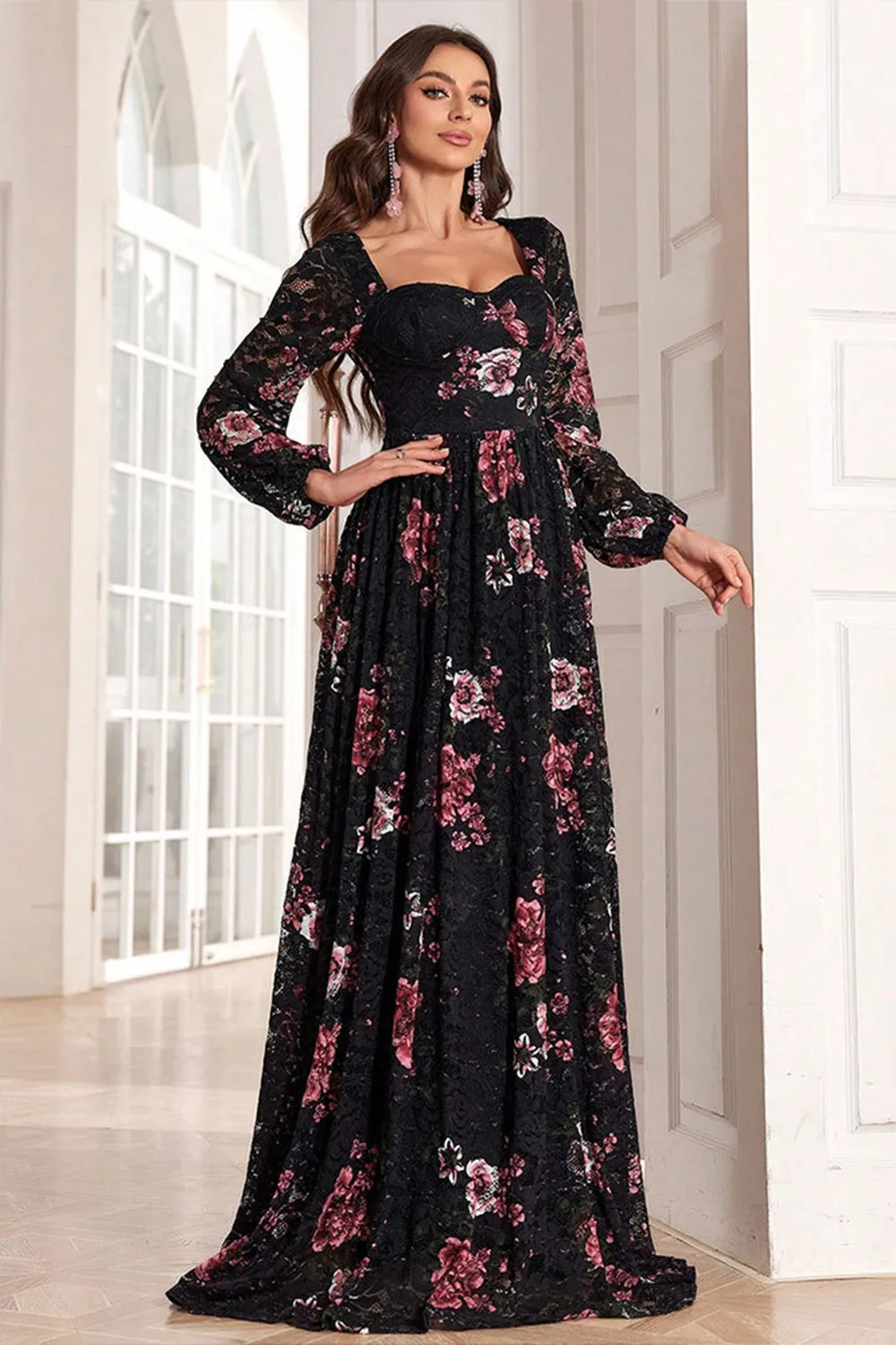 A Line Long Sleeves Floral Print Black Long Prom Dress sold by Zapaka product image thumbnail 3