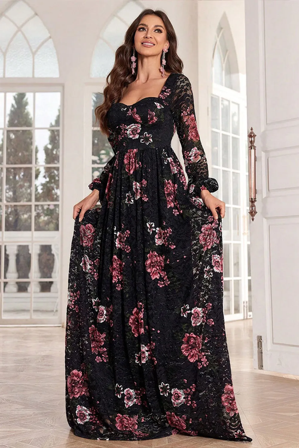 A Line Long Sleeves Floral Print Black Long Prom Dress sold by Zapaka product image thumbnail 4