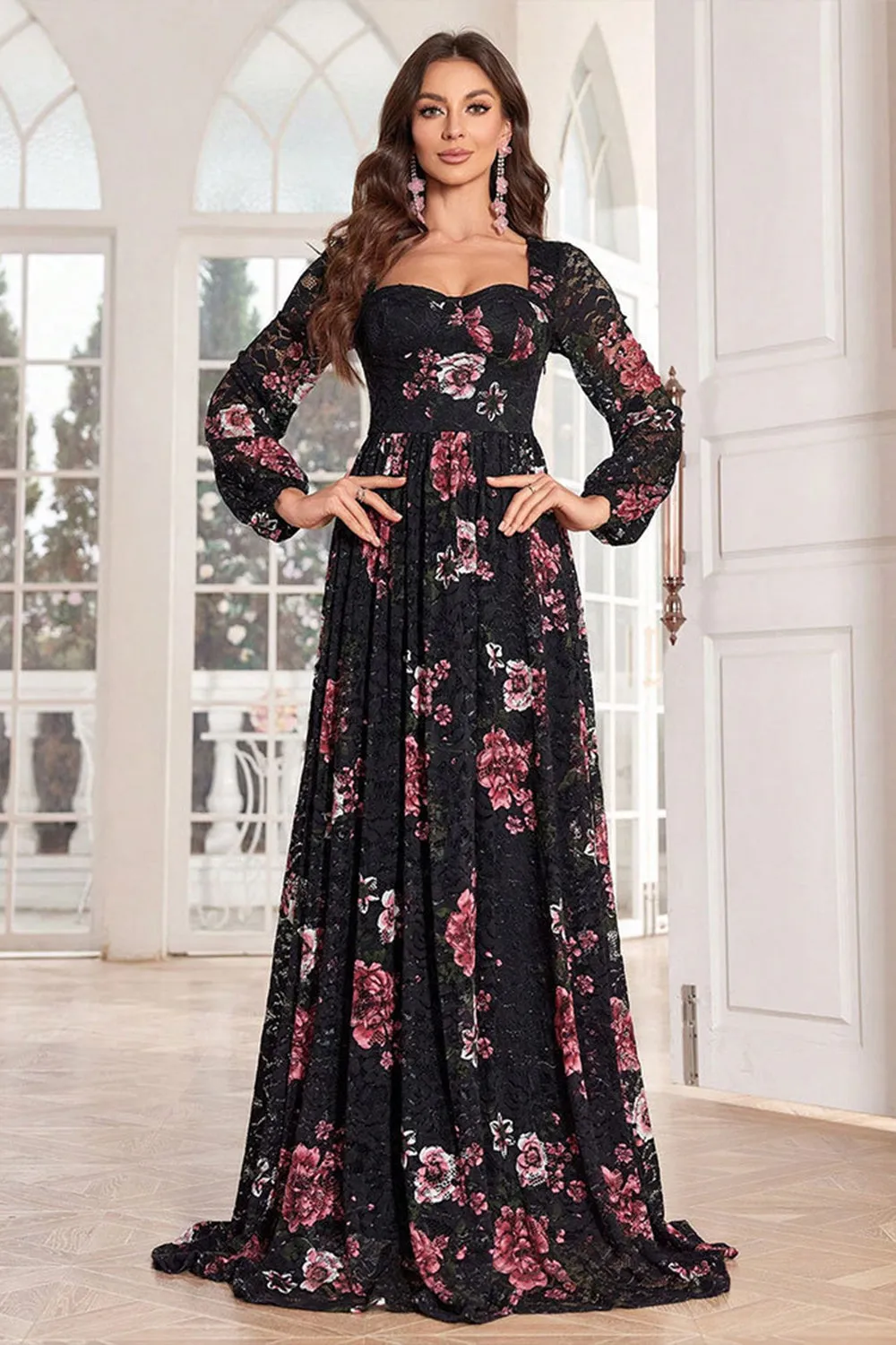 A Line Long Sleeves Floral Print Black Long Prom Dress sold by Zapaka