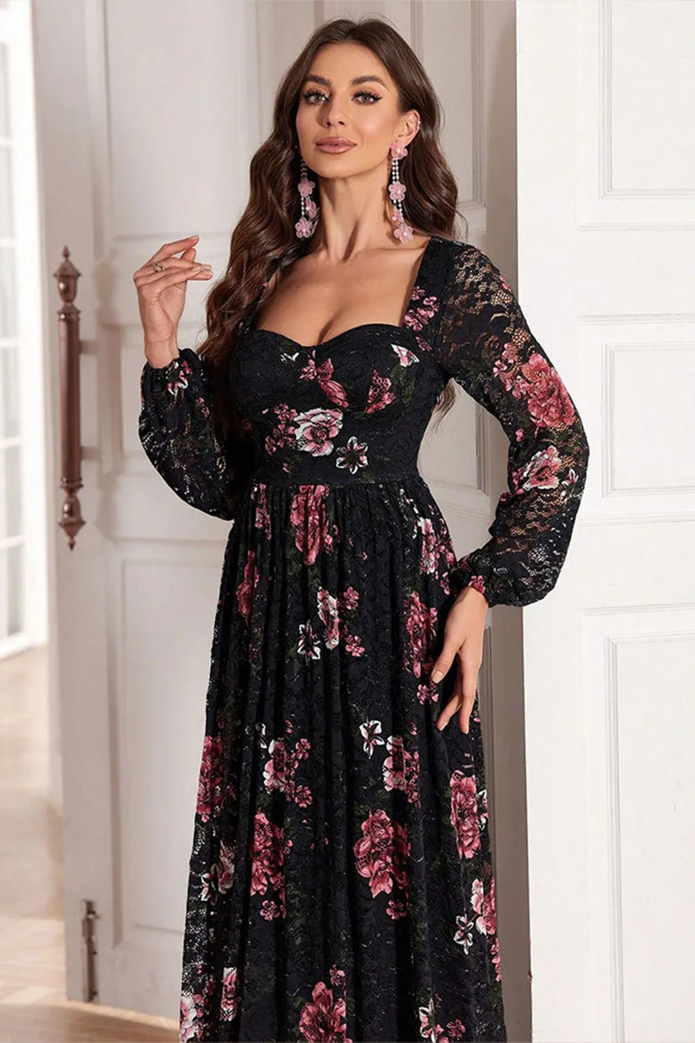 A Line Long Sleeves Floral Print Black Long Prom Dress sold by Zapaka product image thumbnail 5