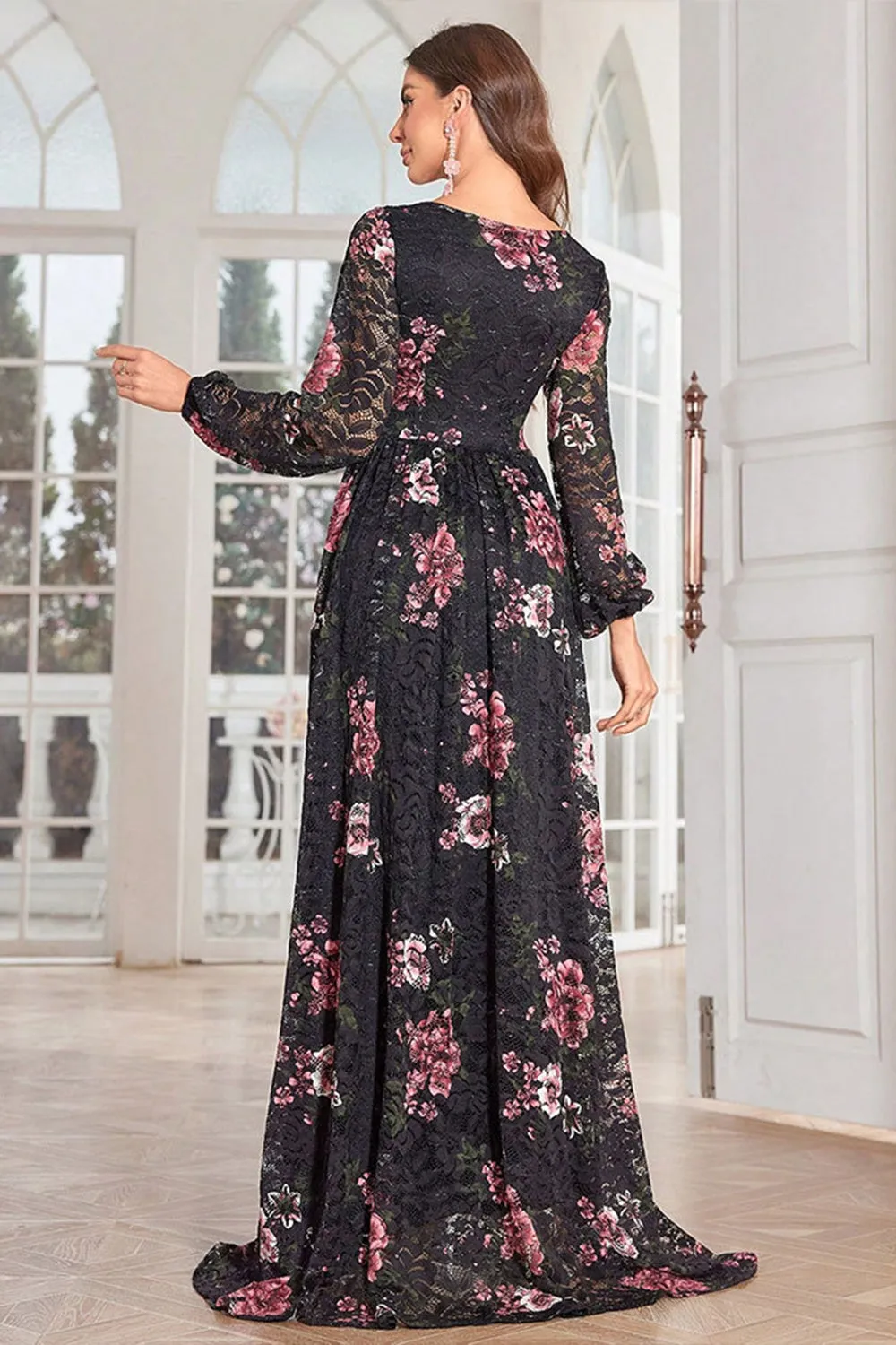 A Line Long Sleeves Floral Print Black Long Prom Dress sold by Zapaka product image thumbnail 2