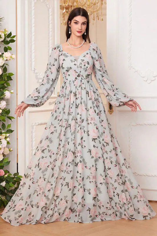 A Line Green Floral Printed Long Sleeves Long Prom Dress made by Zapaka