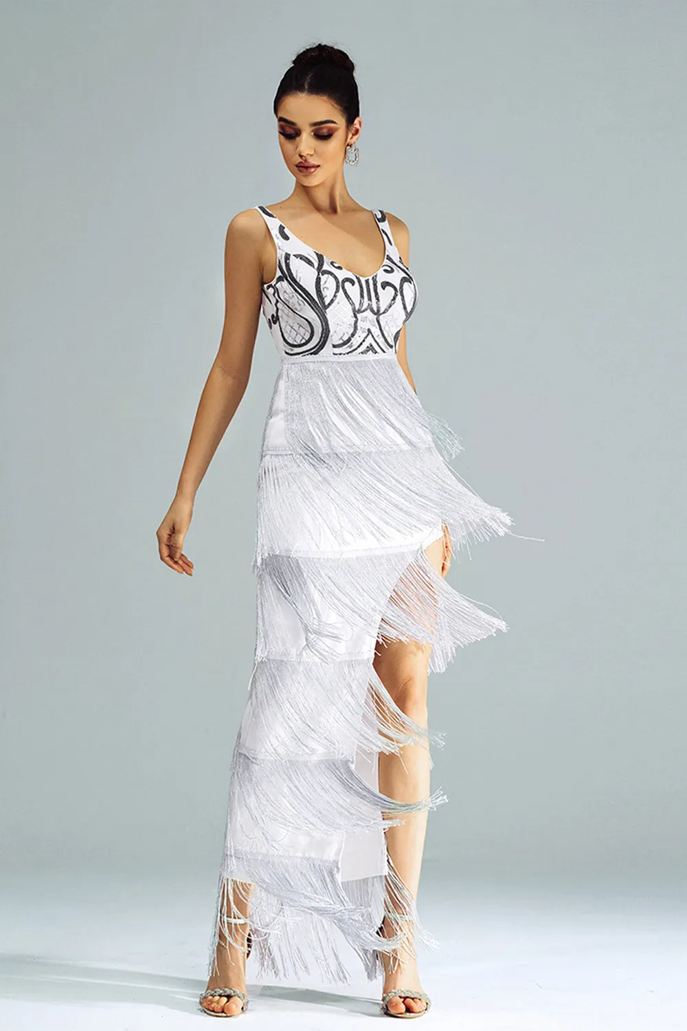 White Sheath Long Prom Dress With Fringes sold by Zapaka product image thumbnail 4