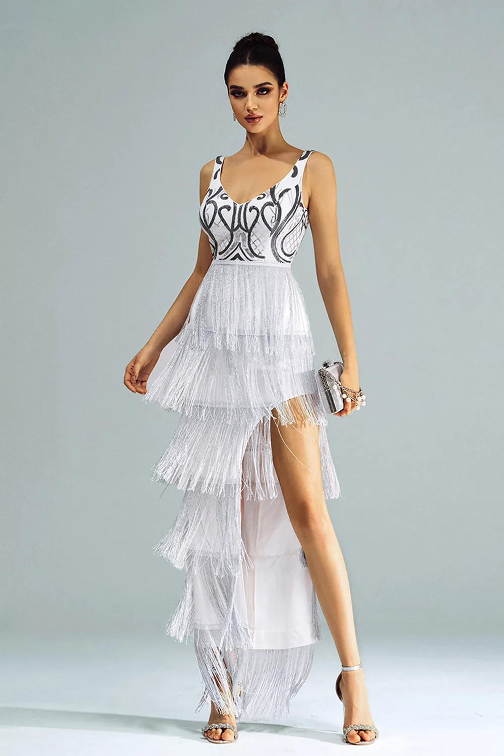 White Sheath Long Prom Dress With Fringes sold by Zapaka