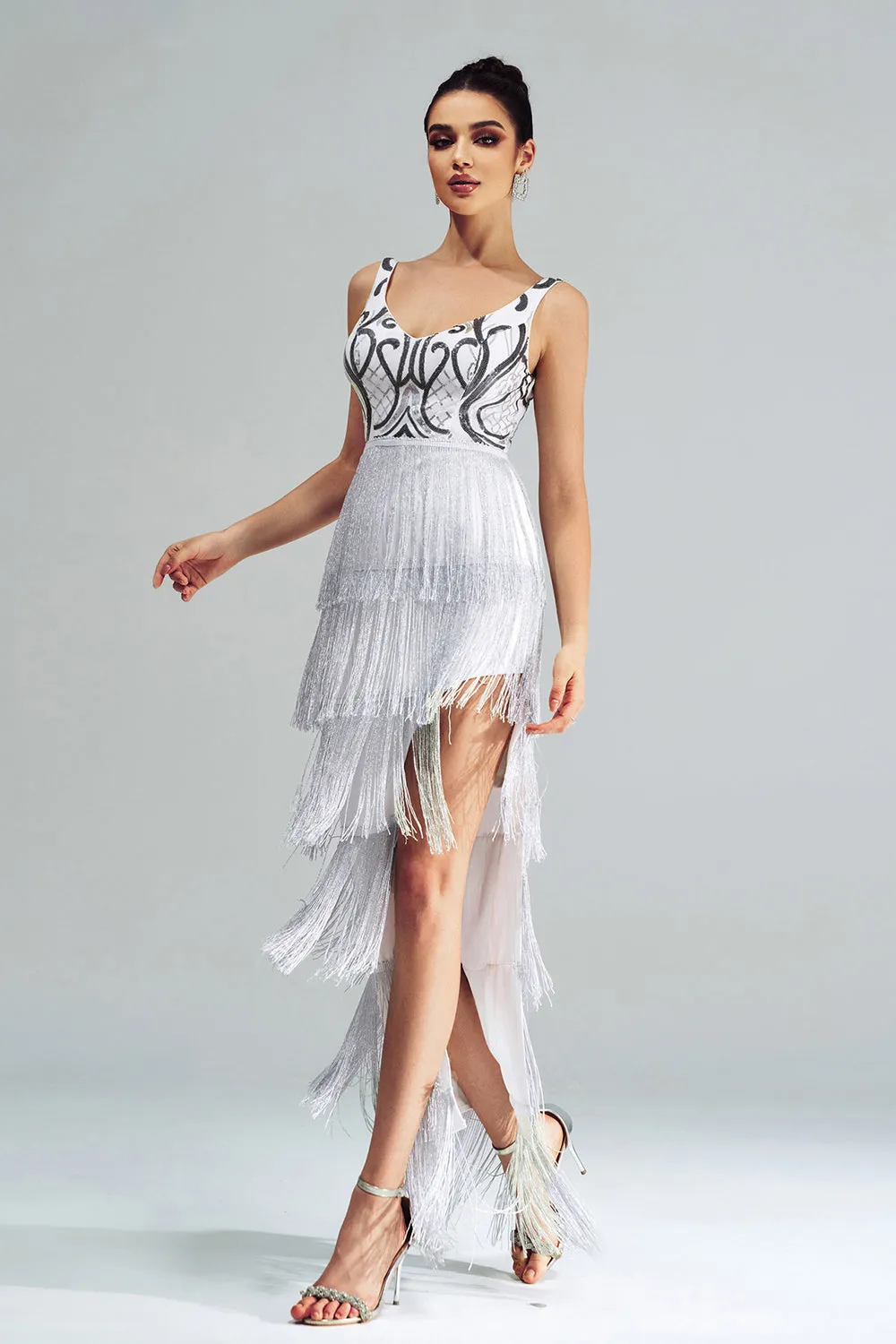 White Sheath Long Prom Dress With Fringes sold by Zapaka product image thumbnail 5
