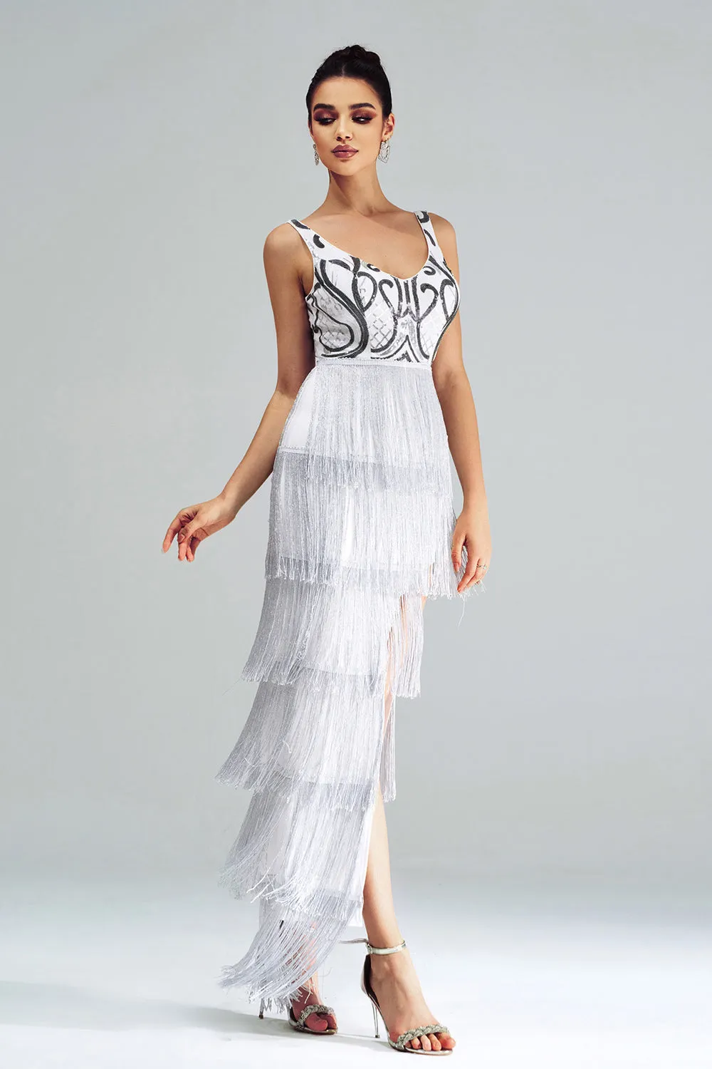 White Sheath Long Prom Dress With Fringes sold by Zapaka product image thumbnail 3