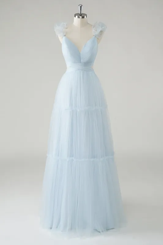 Sky Blue A-Line Ruffles Straps V-Neck Tulle Long Bridesmaid Dress sold by Zapaka